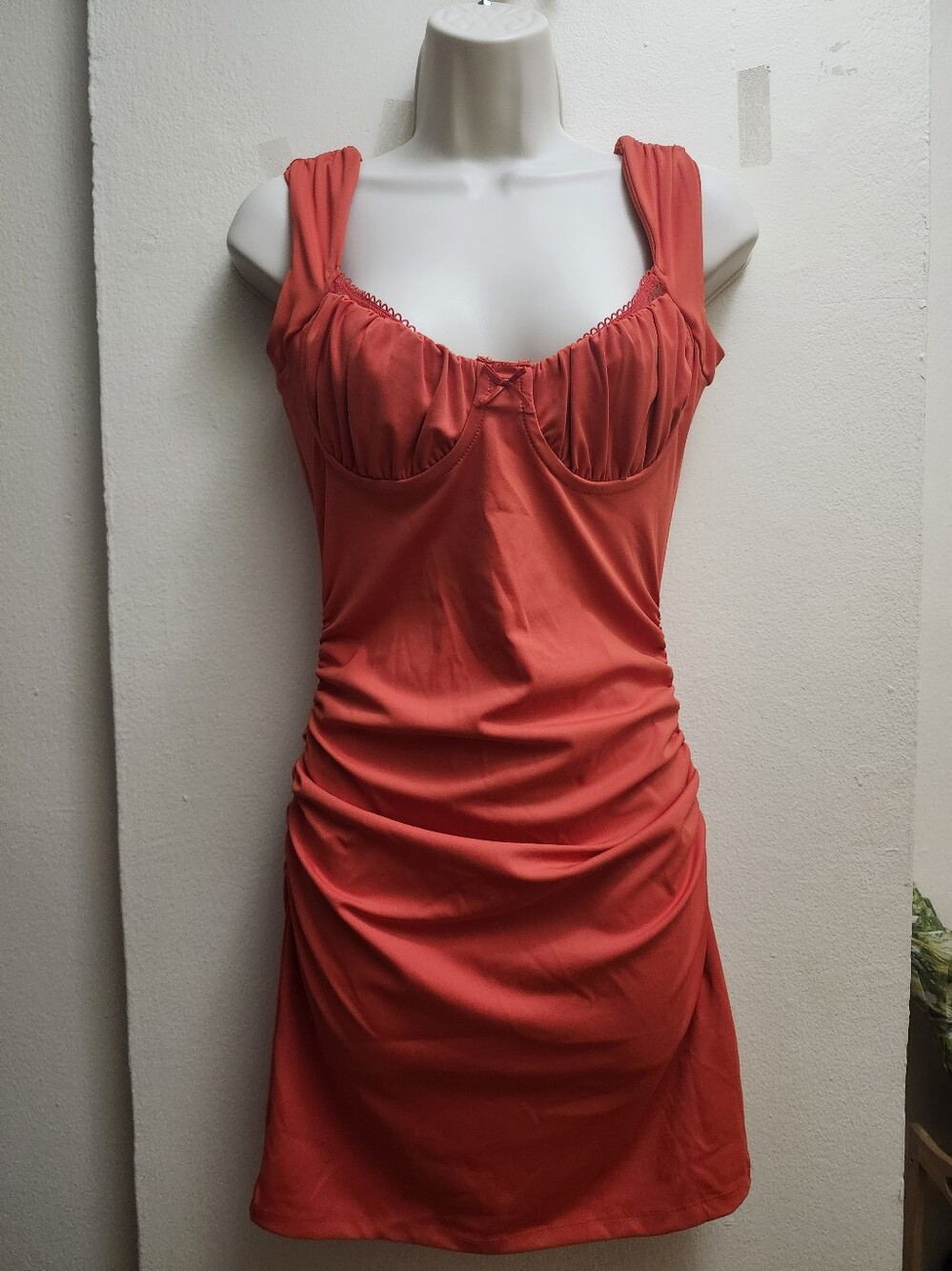 Worn ONCE CENTURY 21 Fitted Coral-Red Ruched Mini Dress with Sweetheart Bust